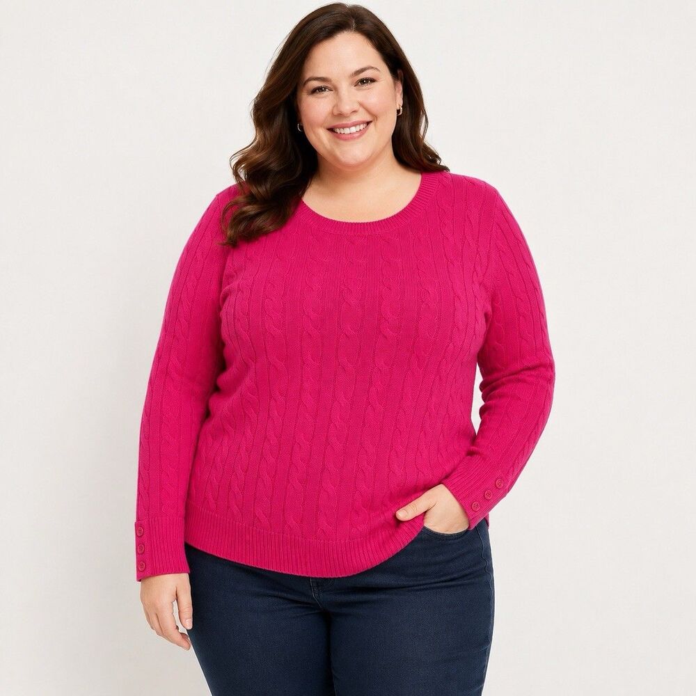 Talbots Raspberry Pink Cable Knit Lambswool Long Sleeve Sweater Women Size 1X
